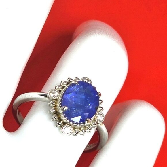 925 Sterling Silver Ring Sz 7 with Natural Oval Tanzanite 8x6mm & Cz - Picture 6 of 10